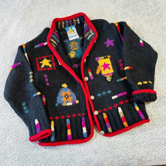 Newari Sweaters - Vintage Newari Icelandic Design Wool Embroidered Chunky Knit Cardigan Sweater